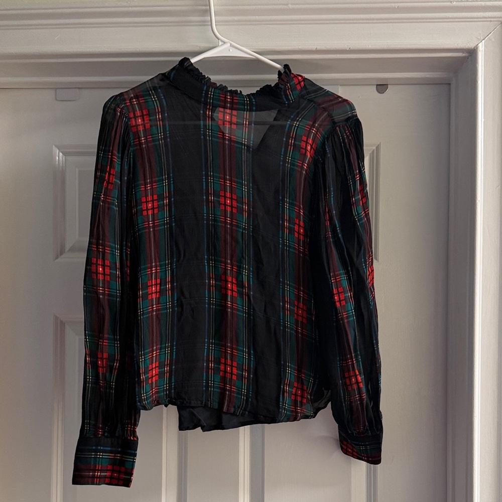 J Crew Plaid Ruffleneck top in Stewart tartan chiffon